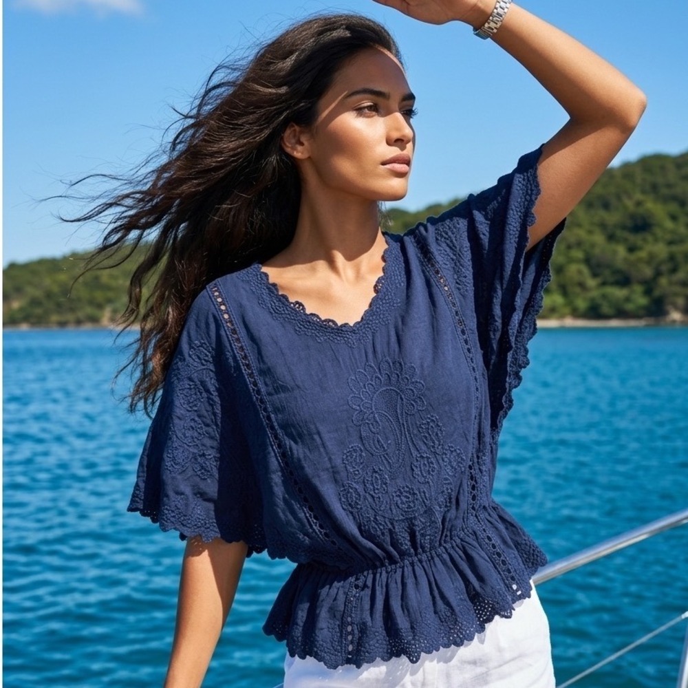 Navy Blue Embroidered Boho Blouse Eyelet Lace Butterfly Sleeve Cottagecore Large